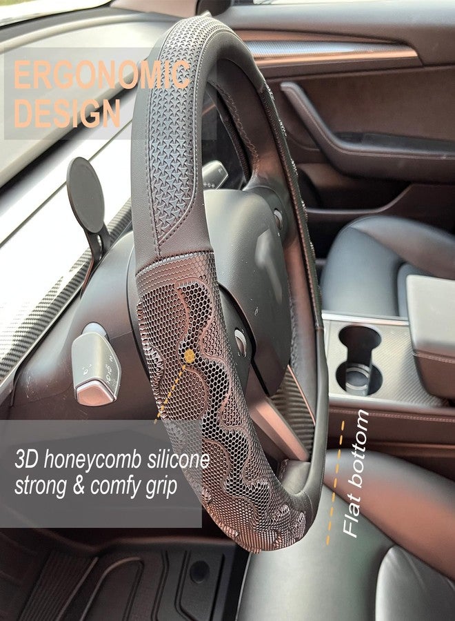 PINCTROT Great Grip Steering Wheel Cover for Tesla Model Y/3 2016-2025 2026 Standard/Highland/Juniper, D Shaped 14 Inch Small Sized, Flat Bottom with 3D Honeycomb Anti-Slip Design (Great Grip Black) - Image 2